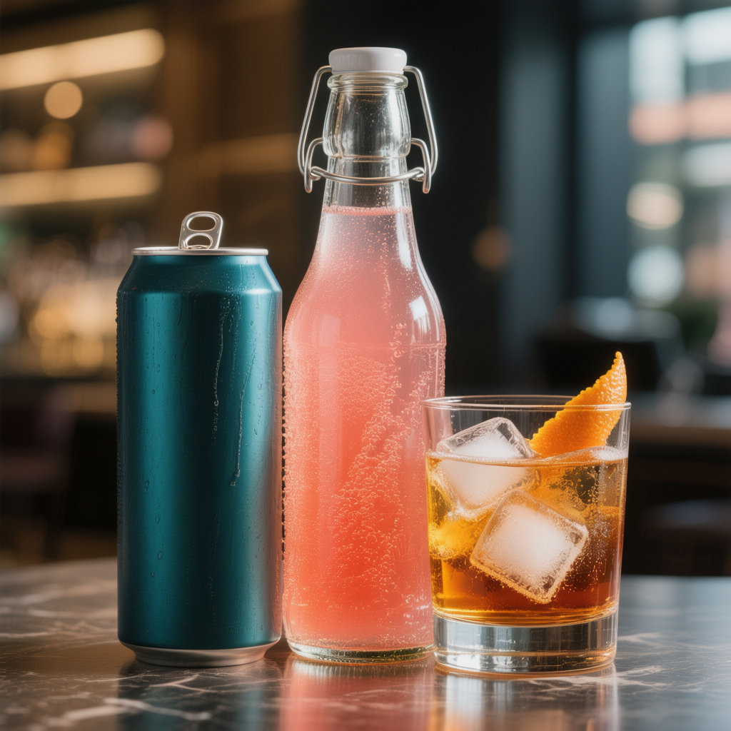 Beverages: can, bottle, glass with ice